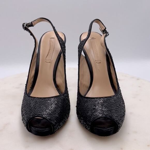 BCBGMAXAZRIA Bodhi Black Sequin Peep Toe Heels 7.5 Pumps Holiday Party Shoe NYE - Picture 5 of 11